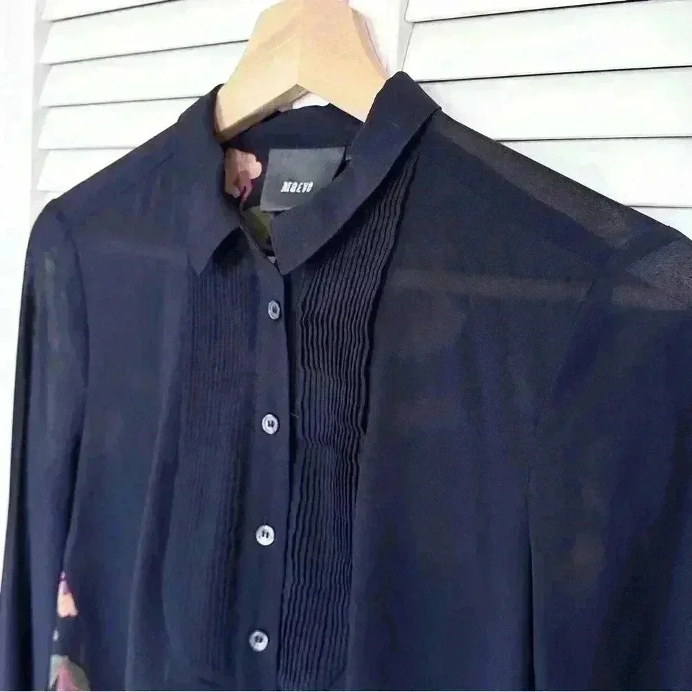 Anthropologie Maeve Ira Button Down Floral Tunic Top Pleated Bib Navy Blue - Picture 5 of 13